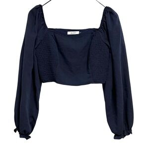 Idem Ditto Crop Top Womens Medium Navy Blue Smocked Puff Long Sleeve Regencycore